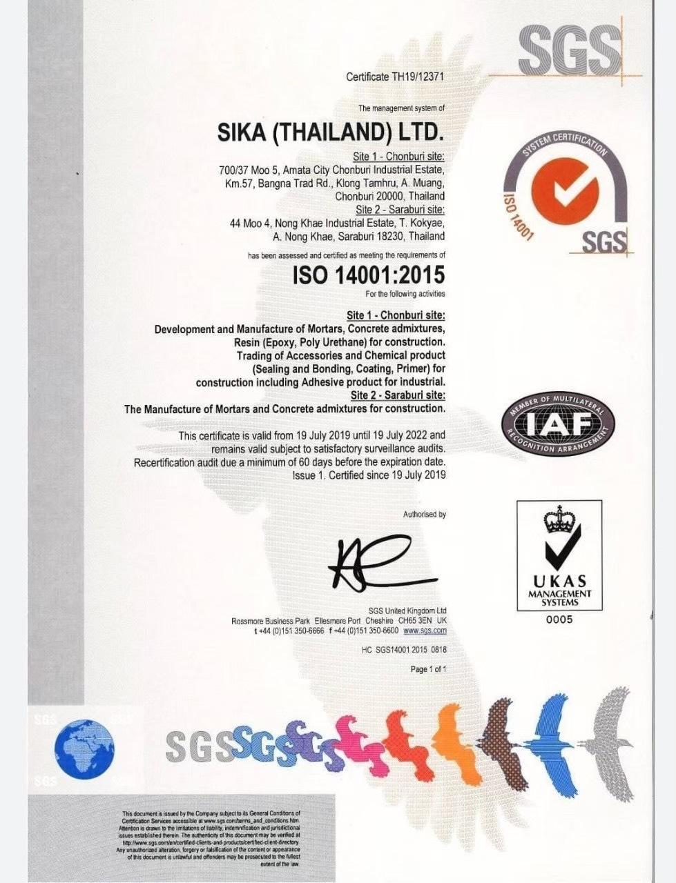 Sika Thailand ISO 14001:2015 Certificate