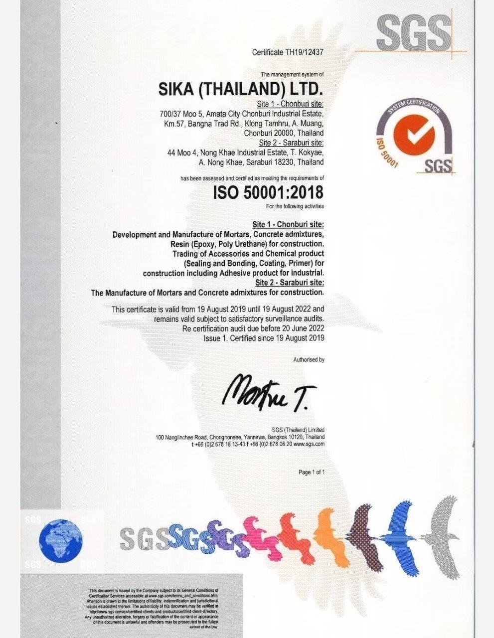 Sika Thailand ISO 50001:2018 Certificate
